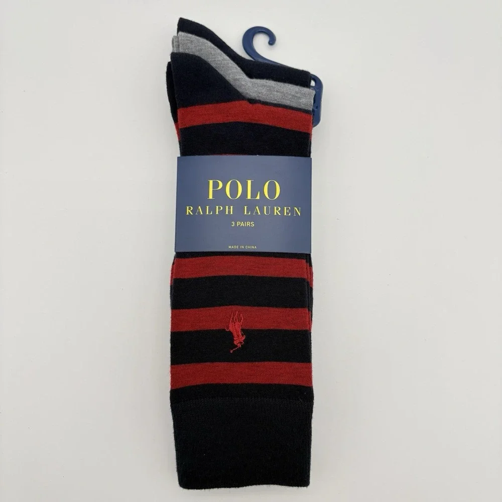 Polo Ralph Lauren Casual Dress Socks 3 Pairs Navy Gray Red Striped 10-13 Crew